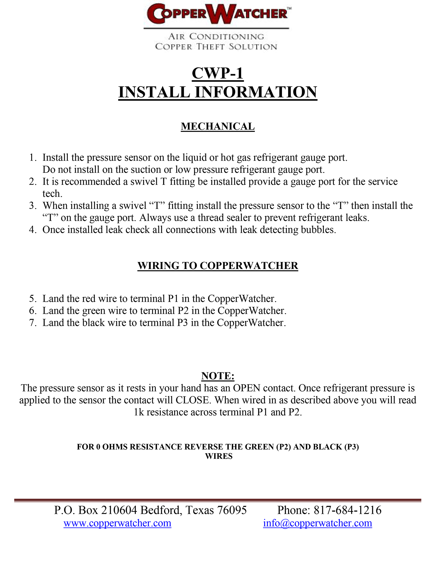 INSTALL INFORMATION CWP-1 2 10 2022