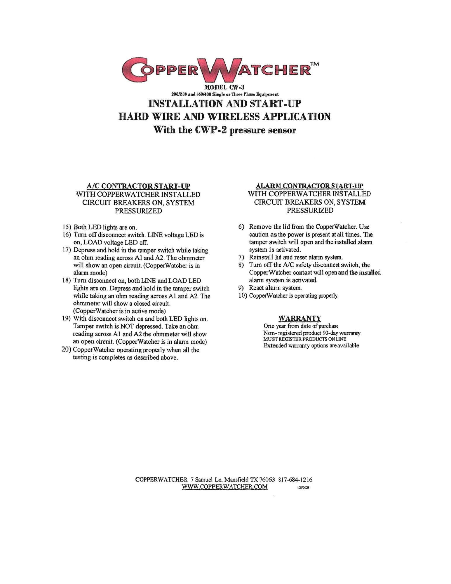 CWP-2 Pressure Switch Setup for CW-3 System